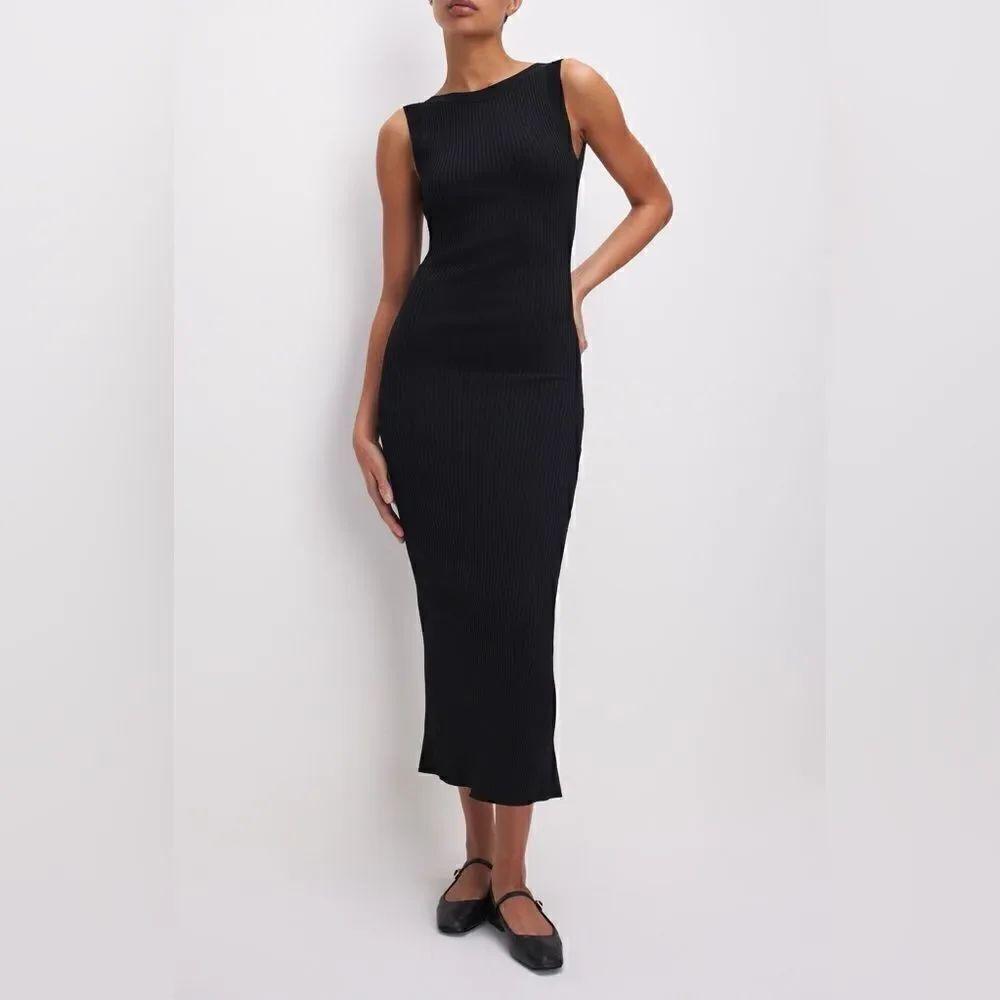 Good American NWT Shine Rib Off Scoop Back Midi Dress Black Size XL